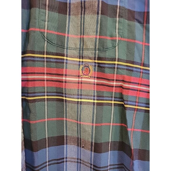 VTG Tommy Hilfiger Button Up Shirt L Crest Logo 90s Green Blue Plaid Long Sleeve - Picture 4 of 7